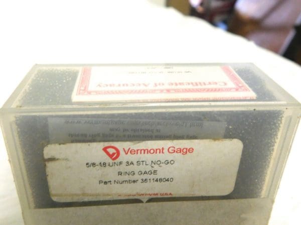 Vermont Gage Steel Ring Thread Gage 5/8-18 UNF Thread NOGO Class 3A 361148040