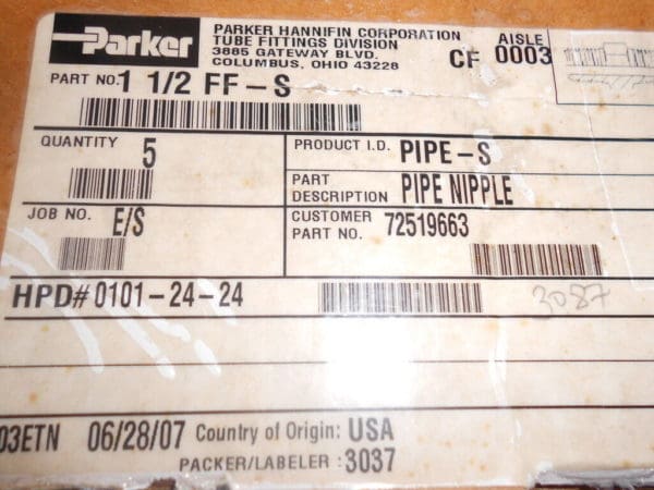 Parker 1-1/2" FF-S Industrial Pipe Nipple USA #1/2 FF-S