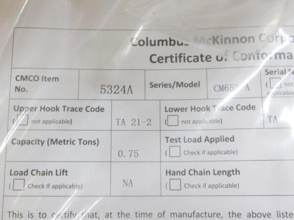 CM 3/4 Ton Capacity Lever Operated Hoist Series 653A W/O CHAIN 5324A