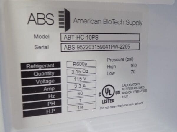 American Biotech Supply Solid Door Laboratory Refrigerator ABT-HC-10PS Damaged