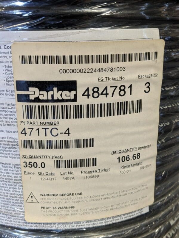 350 Ft Spool of Parker Hydraulic Hose 1/4" ID 5800 PSI Max 471TC-4
