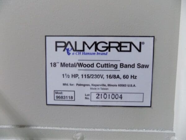 Palmgren 18" Vertical Metal / Wood Bandsaw 1.5 HP 115/230v 9683118 Damaged