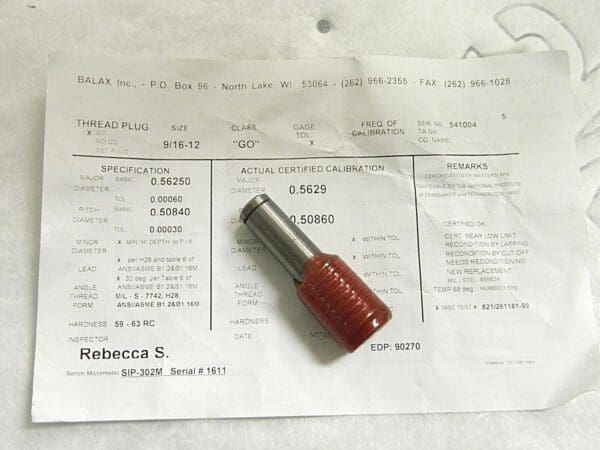 Balax Taperlock Thread Plug Go Gage Uncoated 9/16-12 UNC #90270