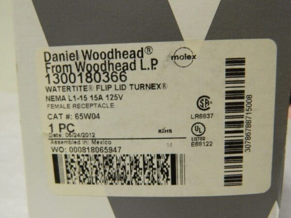Woodhead Ungrounded Receptacle 125 VAC 15 Amp L1-15R NEMA 65W04