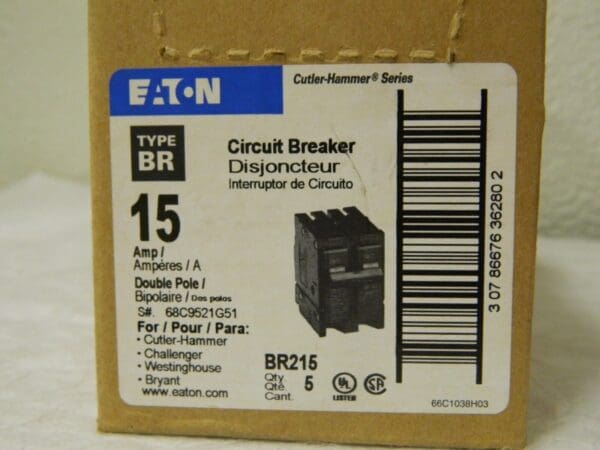 Eaton Circuit Breaker 15 Amp 120/240 VAC 2 Pole Plug In Type BR BR215