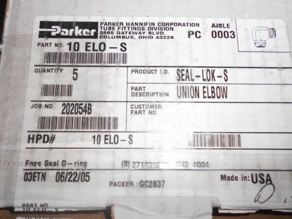 Parker Face Seal Tube Fittings 5/8" Seal-lok-S 1"-14 UN/F O-Ring Qty.5 #10 ELO-S