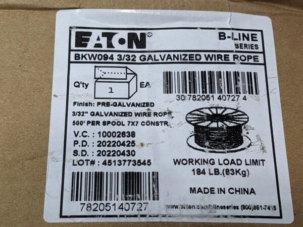 EATON B-LINE Galvanized Wire Rope 3/32" Dia x 500 Ft BKW094