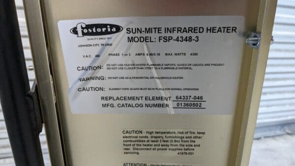 TPI 14,972 BTU Infrared Heater 480 Volts 4,300 Watts FSS-4348-3 04884602