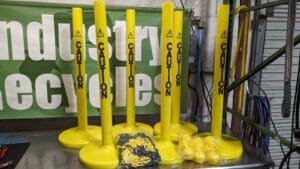 MR. CHAIN Stanchion with Caution Label Chain Kit Plastic Yellow 50' Long 96481-6