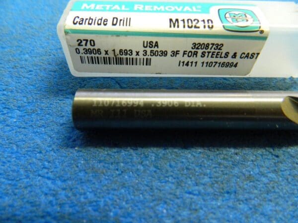 Metal Removal Solid Carbide Drill 0.3906" x 1.693" x 3.5039" 3F #M10210