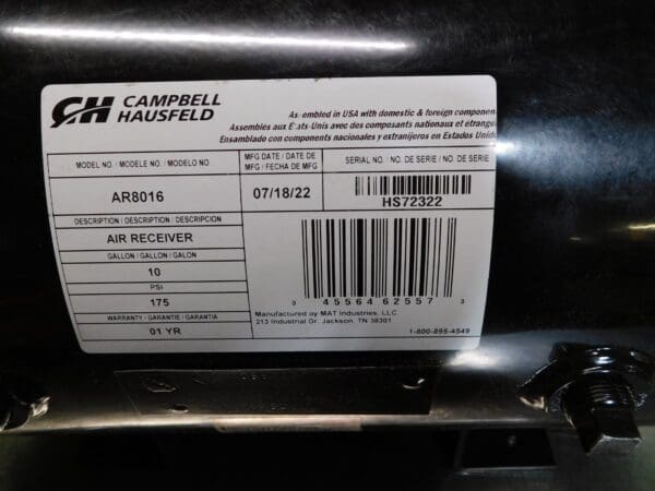 Campbell Hausfeld 10 Gal 175 Max psi Compressed Air Tank & Receiver AR8016