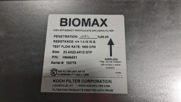 Koch BioMax HEPA Air Filter 23" × 23" × 11" High-Capacity H64A4X1 Damaged