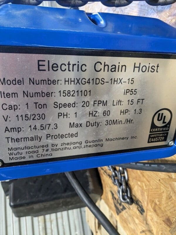 Pro Source Electric Chain Hoist 1 Ton Capacity 15 Ft Max Lift DEFECTIVE