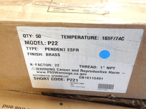 BOX of 50 ESFR Pendent Sprinklers 1" NPT K-factor of 22.4 (320 metric) P22