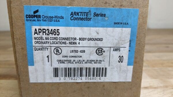 Cooper Crouse-Hinds APR3465 M4 Cord Connector Grounded 30A 250VDC 600VAC