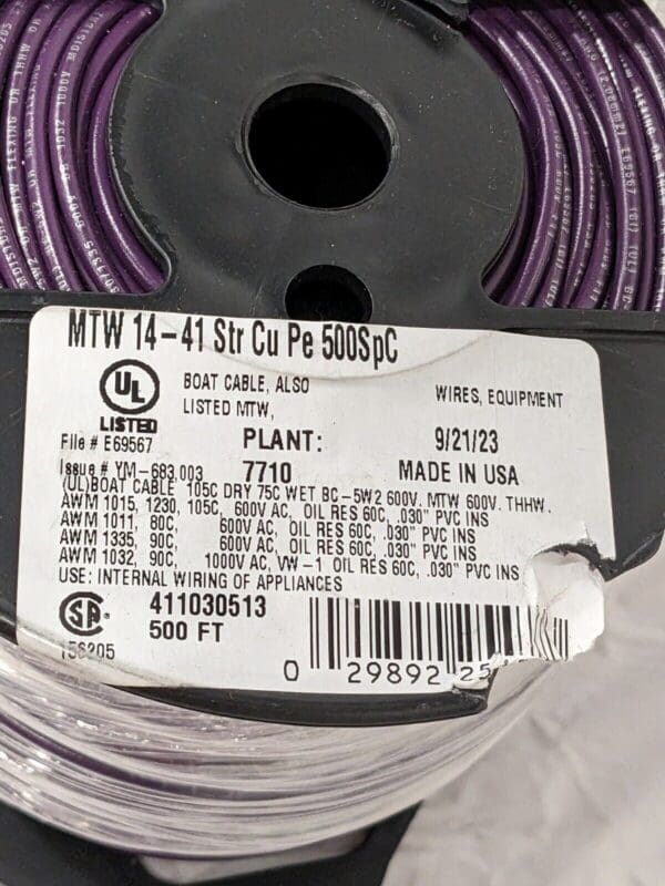 SOUTHWIRE Machine Tool Wire: 14 AWG, Purple, 500' Long 411030513 DAMAGED SPOOL
