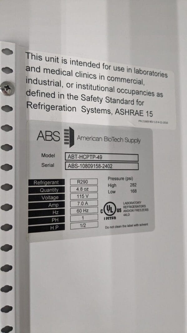 AMERICAN BIOTECH Laboratory Refrigerator 49 cuft Cap 1 to 10° 8 Shelves Damaged
