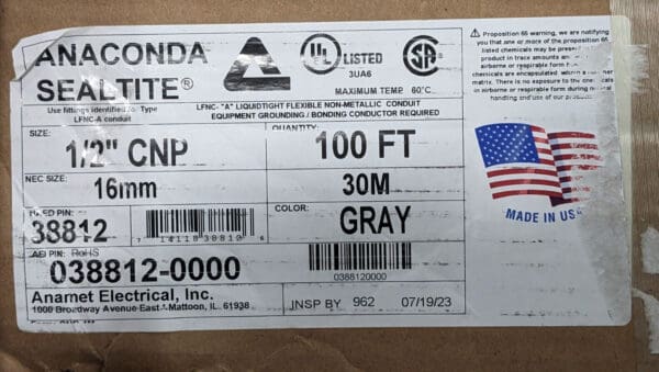 Anaconda Sealtite Flexible Liquidtight Conduit Gray 1/2" CNP 100FT 38812