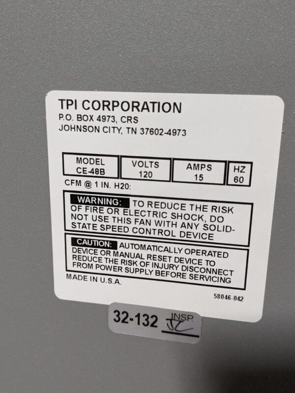 TPI 48" Belt Drive Commercial Exhaust Fan 21500 CFM 1 HP 115v 15 Amp CE-48B