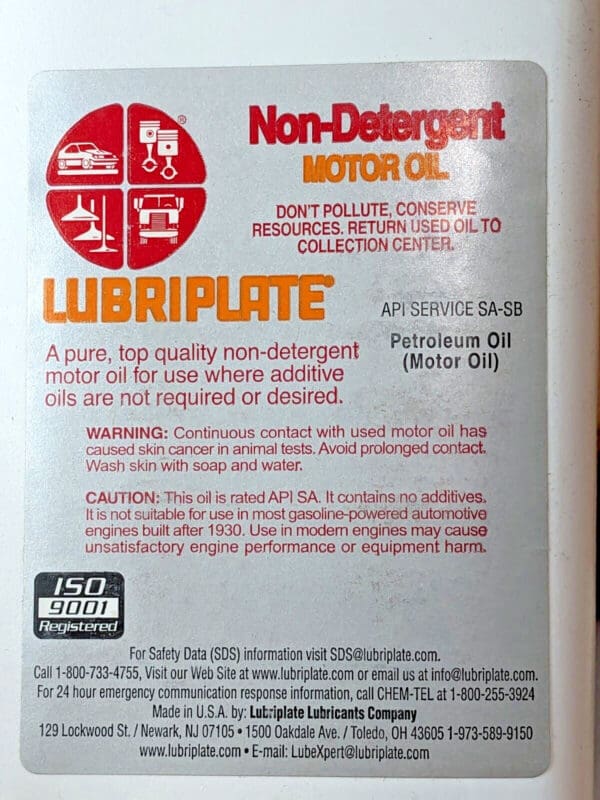 BOX OF 12 LUBRIPLATE Non-Detergent Motor Oil SAE 30 (1 QTS Bottles) L0807-054