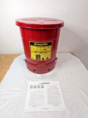 JUSTRITE 10 Gallon Oily Waste Can Hands-Free Self-Closing Cover Red 09300